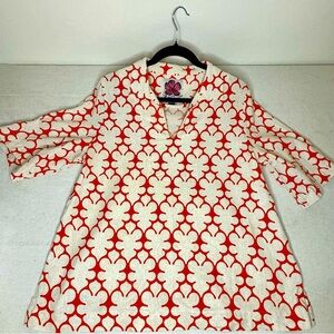 Lesley Evers  Brooklyn Linen/Rayon Half Sleeve Tunic In Orange and Off White XL